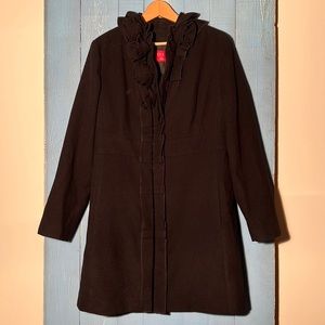 Elle Black Floral Collar Ruffle Dress Coat Fully Lined Classic Peacoat Size L